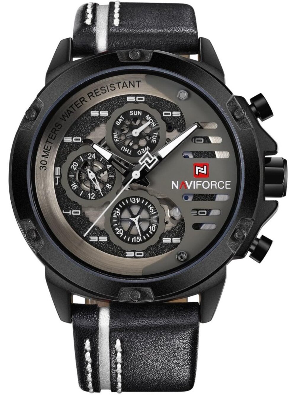Men's All Black Analog Quartz Leather Band Waterproof Sport Military Wrist Watch